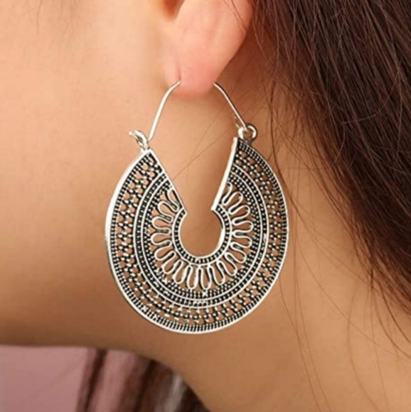 Mandala Silver Filigree CutOut Metal Lace Hoop Earrings Big Hoops Bohemian New - Picture 7 of 10